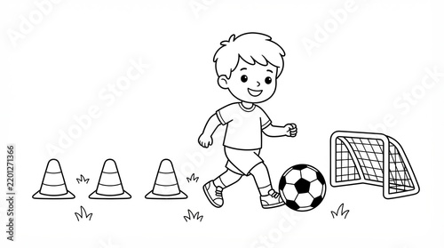 Little boy playing soccer with a ball and cones for coloring page