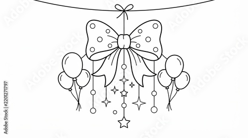 Decorative bow with balloons and stars hanging on a string line art