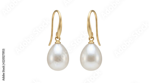 Elegant gold dangle earrings featuring white pearlescent drops on transparent background