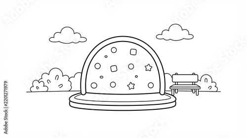 Black and white line art of a dome climbing wall in a public park