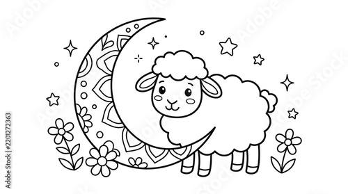Cute sheep standing by a decorative moon with stars and flowers