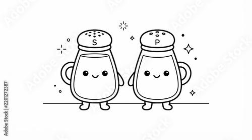 Cute salt and pepper shakers cartoon drawing with smiling faces