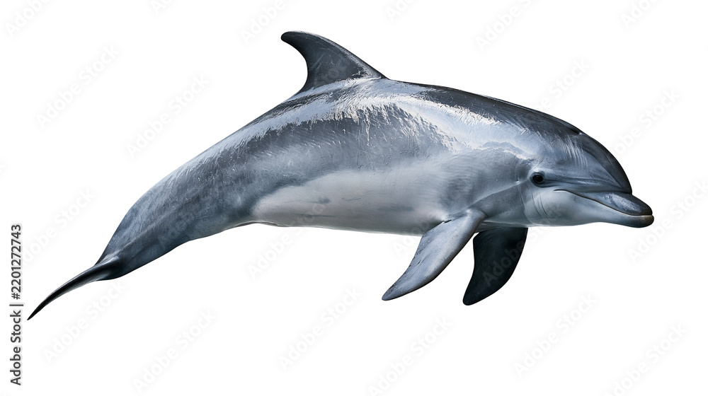 Fototapeta premium Smooth grey bottlenose dolphin swimming with dorsal fin and pectoral flippers