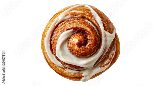 Fotografie Golden brown flaky cinnamon roll swirl with white sugar icing glaze