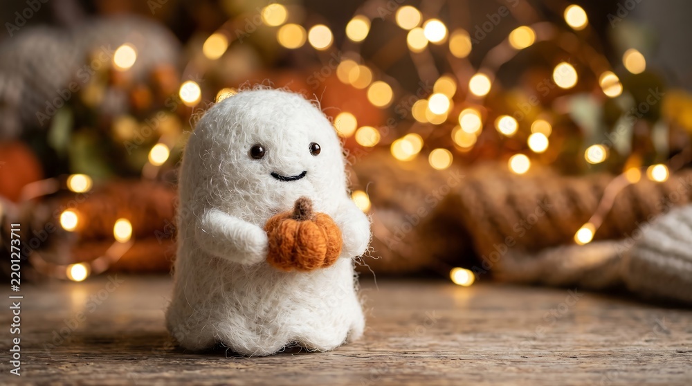 Fototapeta premium Cute needle felted wool ghost holding tiny pumpkin with warm bokeh fairy lights for Halloween autumn decoration