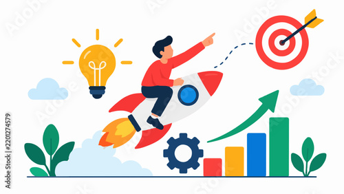Person riding rocket toward target symbol with glowing lightbulb and increasing chart bar.