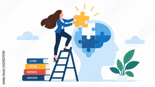 Woman placing puzzle piece into human head shape with books for self development learning.