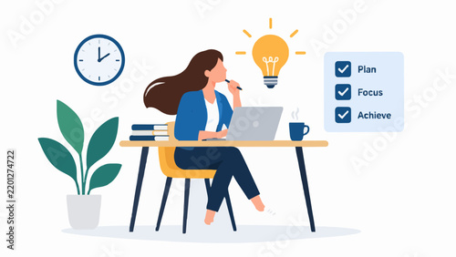 Professional woman working on laptop with checklist and lightbulb for project management.