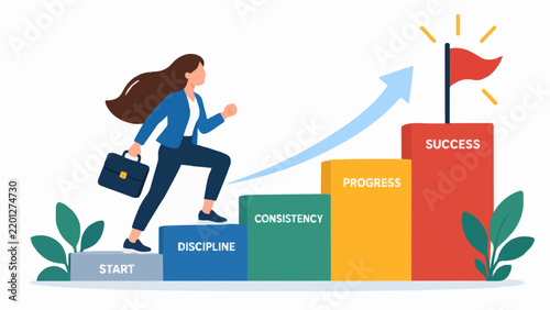 Business woman climbing stairs towards success flag for career development achievement goal.