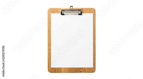 Wooden clipboard with blank white paper sheet on transparent background