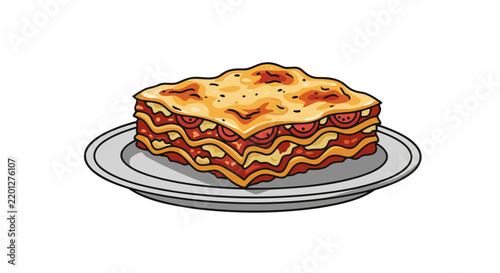 A delicious slice of lasagna, perfectly layered with pasta, rich tomato sauce, and melted cheese, served on a white plate. This classic Italian dish is a culinary delight.