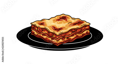 A delicious slice of lasagna on a black plate. The layers of pasta, cheese, and sauce are clearly visible, with a golden-brown baked top