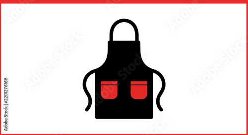 A minimalist illustration of a black apron with two red pockets. The apron is a symbol of cooking and culinary arts