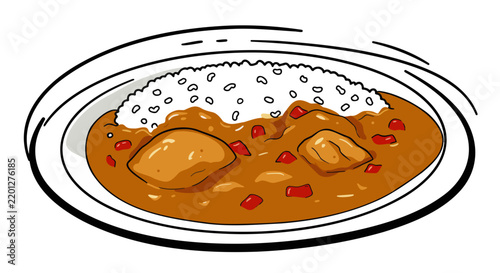 A delicious bowl of curry with rice, showcasing tender meat pieces and vibrant spices in a rich sauce. The dish is presented in a simple, elegant plate, highlighting the culinary artistry