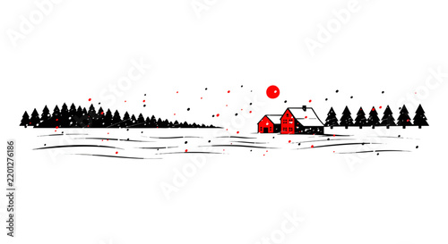 A simple, stylized winter landscape featuring two red houses nestled among snow-covered trees under a red sun