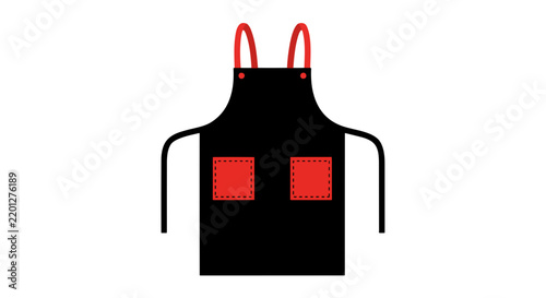 A black apron with red pockets and straps, simple graphic illustration