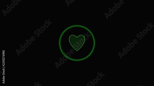 Minimalist green heart icon with digital matrix background