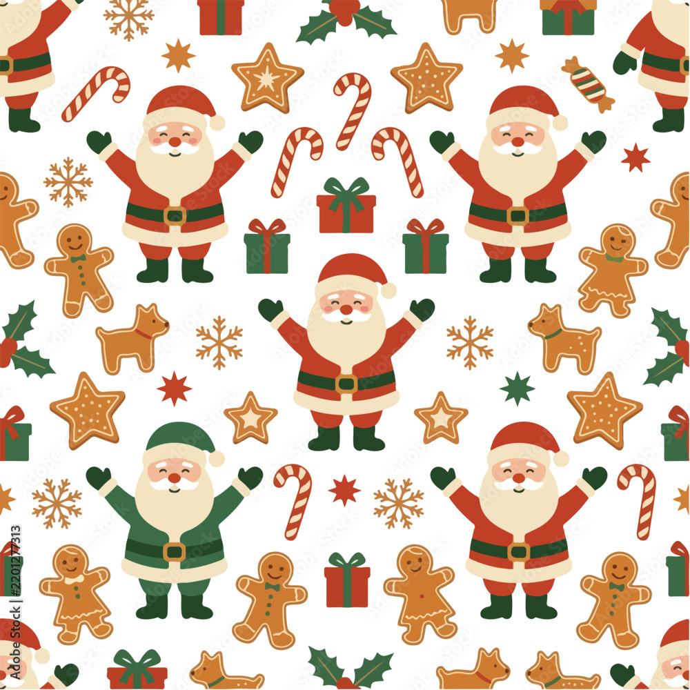 Fototapeta premium Santa seamless pattern with gingerbread cookies and candy canes on white