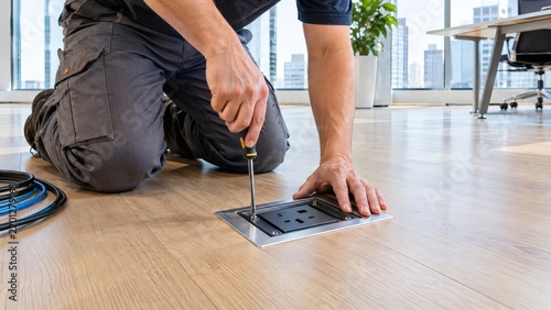 Professional technician kneeling on a wooden floor while installing a floor socket outlet box with electricity supply