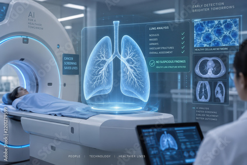 International health agencies standardize AI models for early-stage lung and cervical cancer detection futuristic medical scanner projecting 3D lung model AI oncology screening initiative
