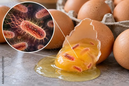 Salmonella bacteria contaminating eggs food poisoning and food safety crisis concept showing microscopic Salmonella enterica on cracked raw egg yolk and contaminated egg carton risk