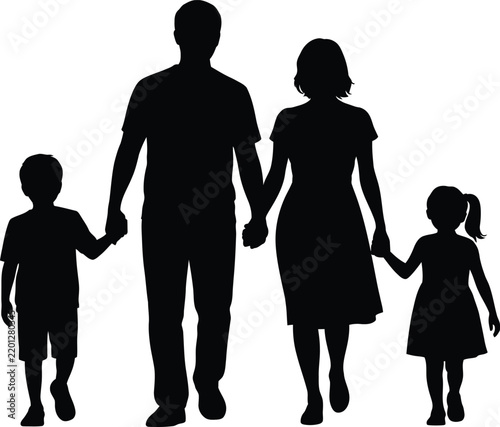 Silhouette of a happy family walking together and holding hands
