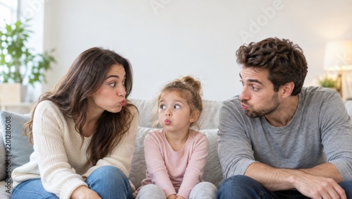 Happy young family sitting on a living room sofa making funny pouty faces together during a playful moment at home