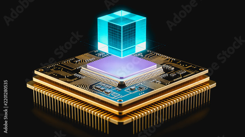 3D Rendered Central Processing Unit with Glowing Holographic Cube
