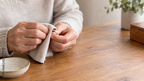 Older person cleaning a golden wedding ring with a soft cloth at home sitting by a wooden table in natural light