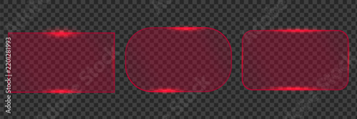 Set of three red neon glass button frames with sharp corner, pill and rounded rectangle shapes and glowing corner light, ideal for gaming UI kits and warning alert design