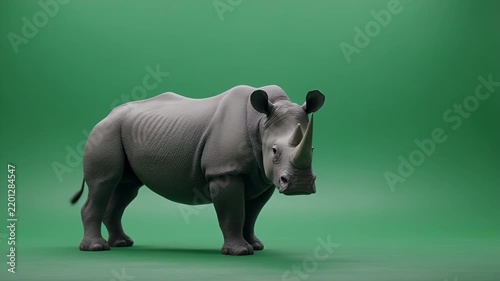 A majestic rhinoceros stands on a green screen background for easy compositing.
