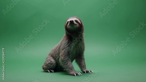 A cute sloth stands on a green background in a studio setting.