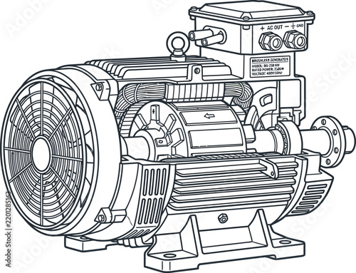 Technical line drawing of an industrial electric motor with cutaway view.