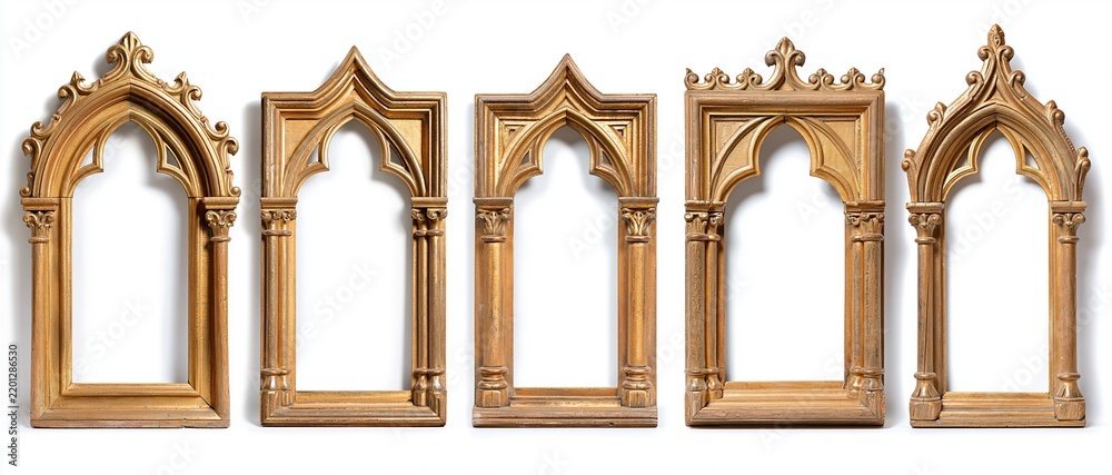 Obraz premium Five ornate gilded wooden gothic-style frames arranged side by side against a white background