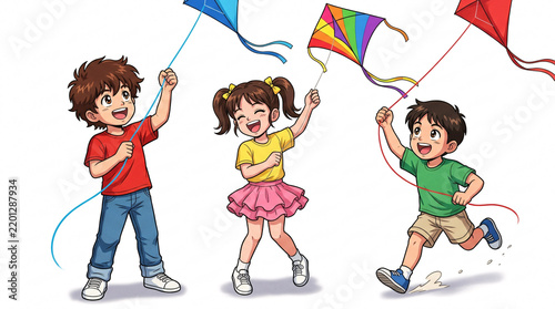     Cheerful Children Flying Colorful Kites