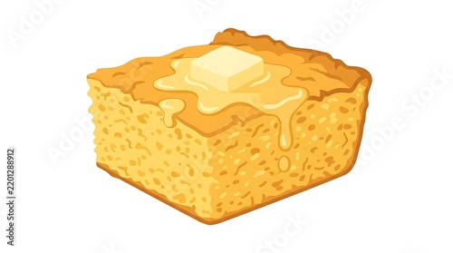A single square piece of golden yellow cornbread topped with a melting pat of butter