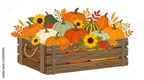 Rustic Wooden Crate Filled with Assorted Autumn Pumpkins and Sunflowers Fall Harvest Decoration Illustration