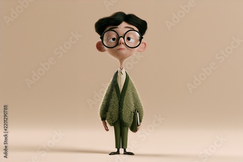 3D cartoon young man looking tired in oversized glasses against a beige background with copy space