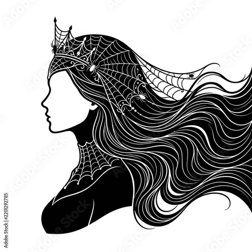 Princess profile silhouette with elaborate spider web crown and long flowing wavy hair.