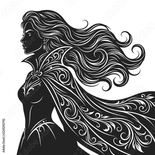 Woman silhouette profile with flowing long hair and ornamental cape in black and white illustration.