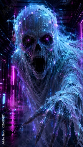 Cybernetic reaper stares forward with a skeletal face and claws. A translucent hood frames it inside a neon corridor. Cyber gothic Halloween concept for fantasy science fiction game art.