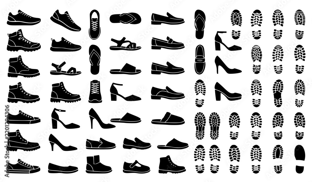 Obraz premium Footwear Shoe Sole Print and Footprint Black Silhouette Vector Icons