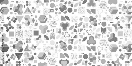 Seamless geometric abstract pattern grayscale modern shapes design background, professional pattern featuring a rich variety of abstract shapes including cubes, hexagons, circles, stars, triangles.