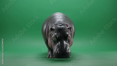 A realistic hippo figurine stands on a green background in a studio setting.