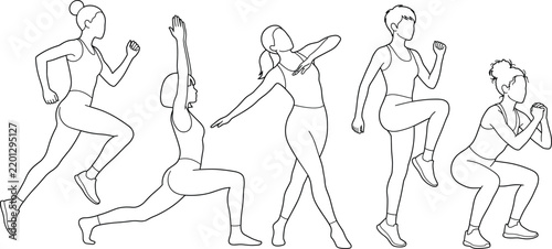 Collection of minimalist line art illustrations of women practicing various fitness exercises and athletic training poses