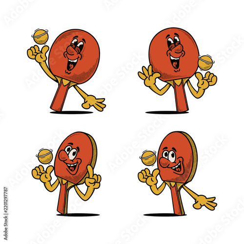 Groovy table tennis racket and ball character in retro cartoon bundle. Mascot, vector, icon, collection, sticker, vintage, illustration, set, funny, logo, comic, editable, sport, ping pong bat
