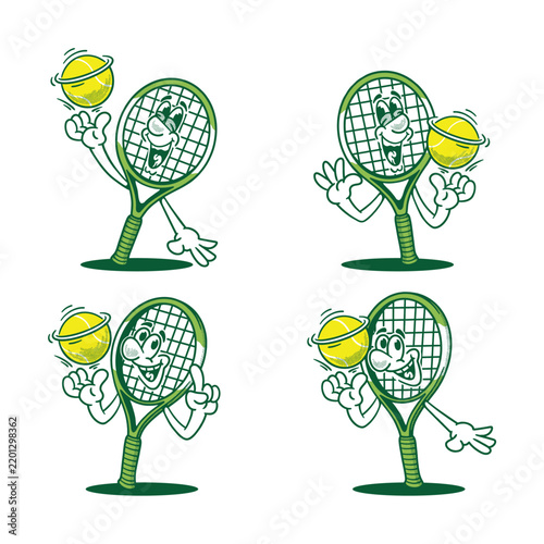 Groovy tennis racket and  ball character in retro cartoon bundle. Mascot, vector, icon, collection, sticker, vintage, illustration, set, funny, logo, comic, editable, sport