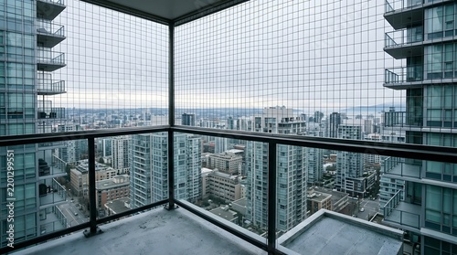 A person stands on a balcony looking out at a city filled with tall buildings. The sky is gray and cloudy over the urban landscape. City streets and