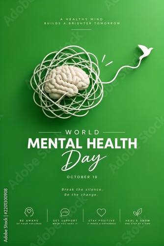 World mental health day concept with a brain tangled in a wire transforming into a bird on green background