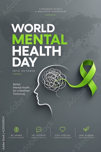 World mental health day poster with green awareness ribbon and human head silhouette